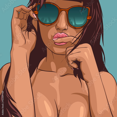 Young beautiful woman kisses a finger. Vector illustration photo