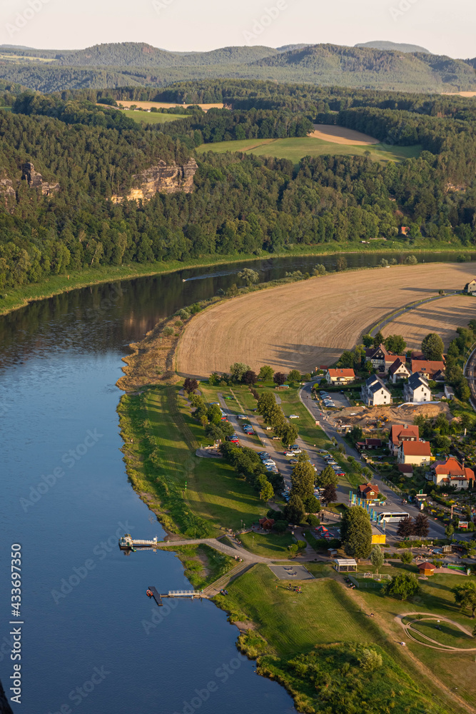 Fototapeta premium Aerial view over the Elbe River, Saxon Switzerland Germany
