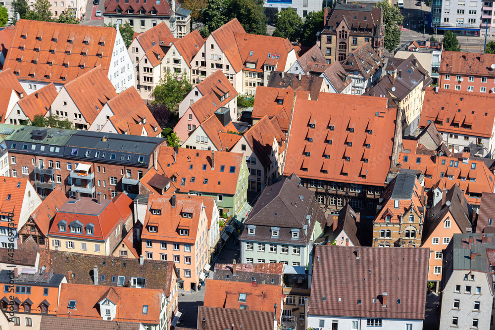 Aerial view of downtown Ulm from the cathedral, the tallest church in the world Germany