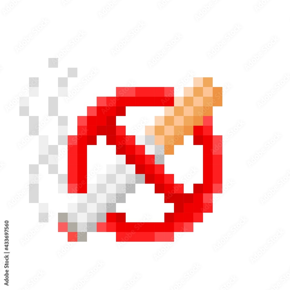 No smoking pixel art. Prohibition sign. Icon Prohibition sign. Icon No smoking pixel art.