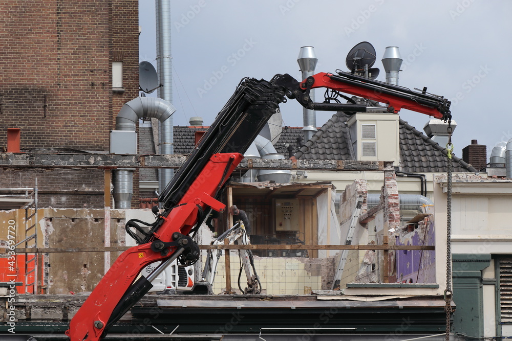 Naklejka premium Amsterdam Leidseplein Demolition Works with Demolishing Equipment