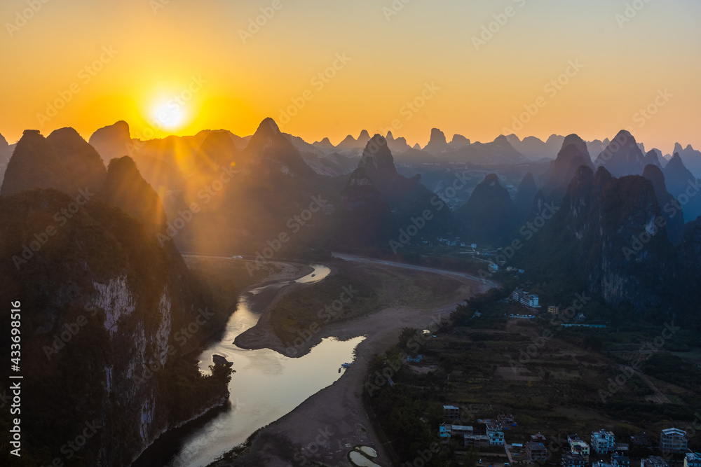Amazing sunset over the karst landscape of Xingping, Guilin, China