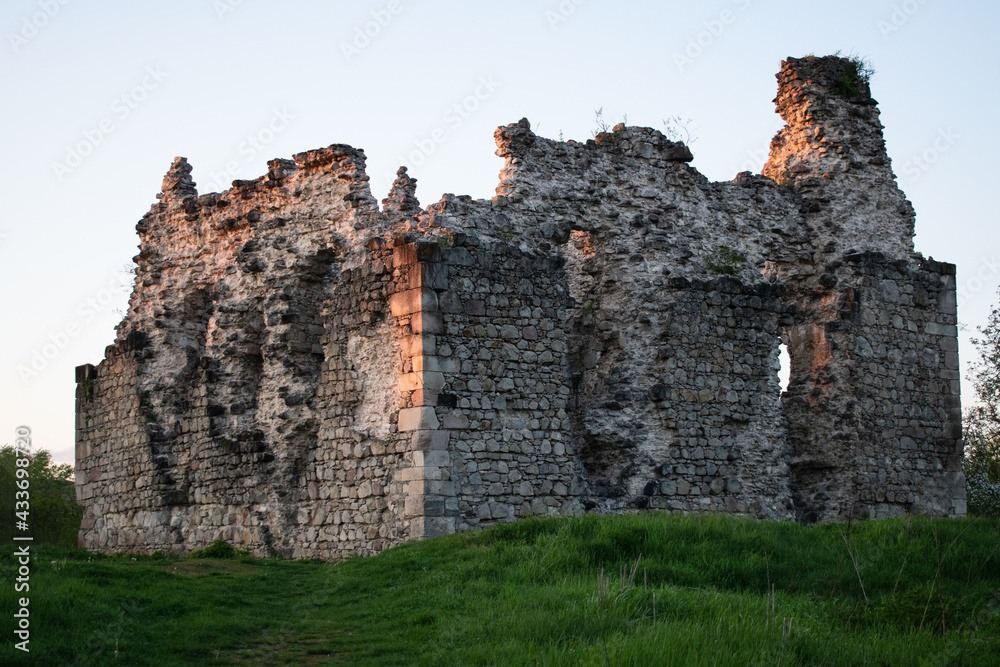 Ruins of the Templar castle. Old building, stone walls, evening lighting. 