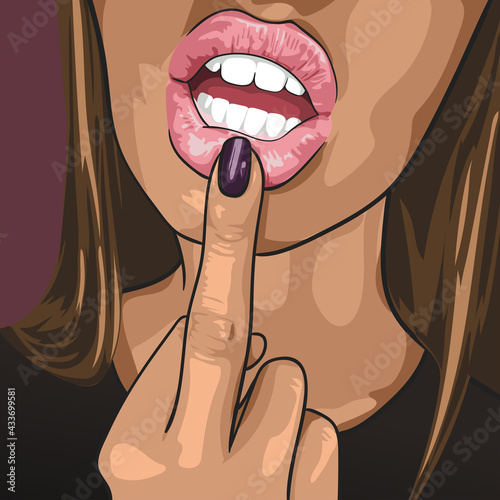 Young beautiful woman show middle finger fuck you off near his open mouth. Vector illustration