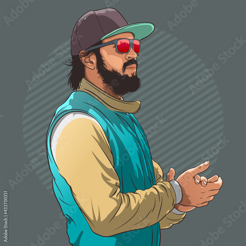Portrait of young hipster man in sunglasses and hat. Vector illustration