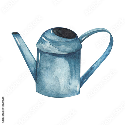 Watercolour illustration with with garden watering can for flowers, garden and dacha, isolated element on white background. Watercolour illustration with garden tools