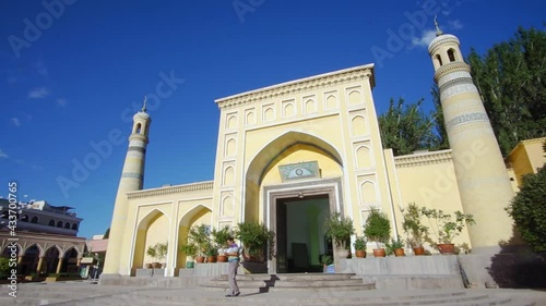 Id-Kah mosque or the yellow mosque in Kashgar is the biggest mosque in Xinjiang, China. photo