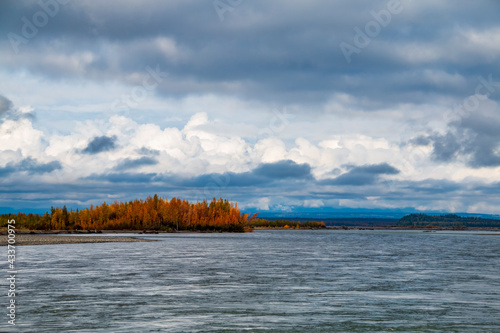 powerful Talkeetna River in Alaska during autumn.