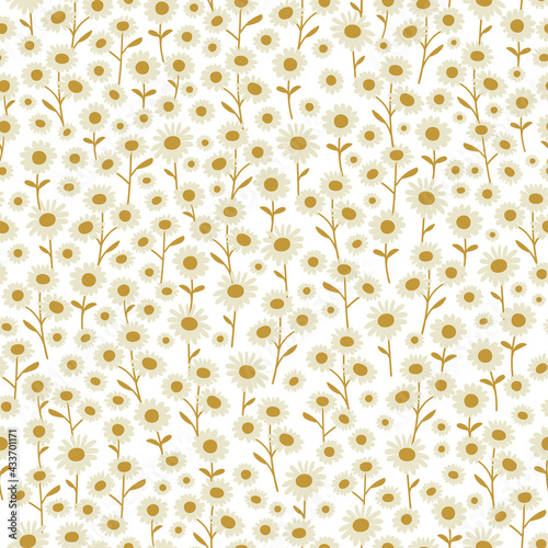 Cream and Gold Hand-Drawn Boho Daisies Seamless Pattern Background Print