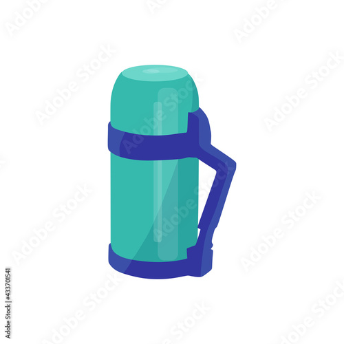 Thermos with lid and handle vector flat illustration. Durable and reusable beverage bottle, insulated on white. Cartoon style.