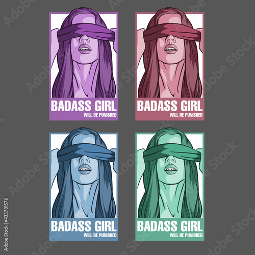 Set of color vector illustrations. Close-up of a girl blindfolded. T-shirt design