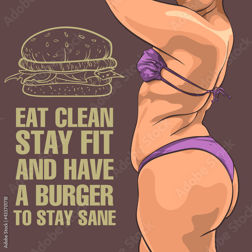 Fat woman in purple swimsuit. Vector illustration