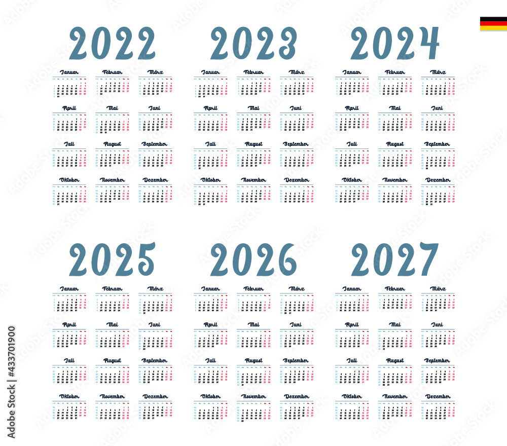 German Calendar for 2022, 2023, 2024, 2025, 2026, 2027. Week starts on