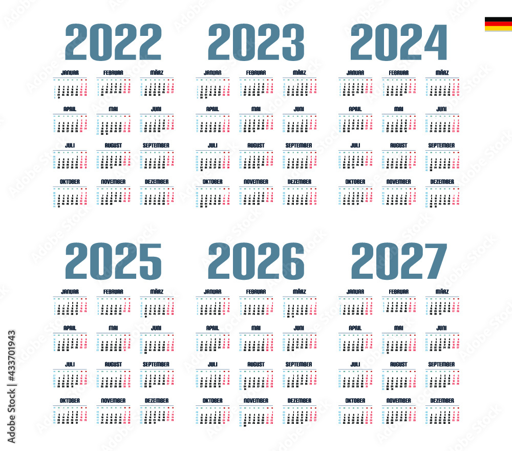 German Calendar for 2022, 2023, 2024, 2025, 2026, 2027. Week starts on