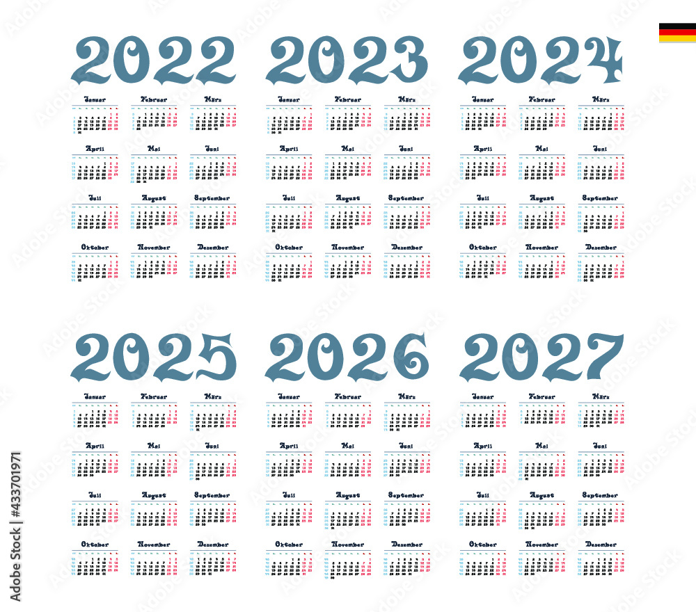 German Calendar for 2022, 2023, 2025, 2025, 2026, 2027. Week starts on
