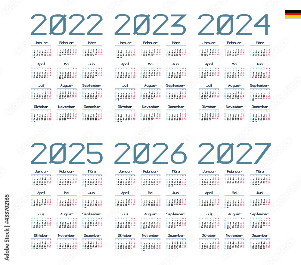 German Calendar for 2022, 2023, 2024, 2025, 2026, 2027. Week starts on