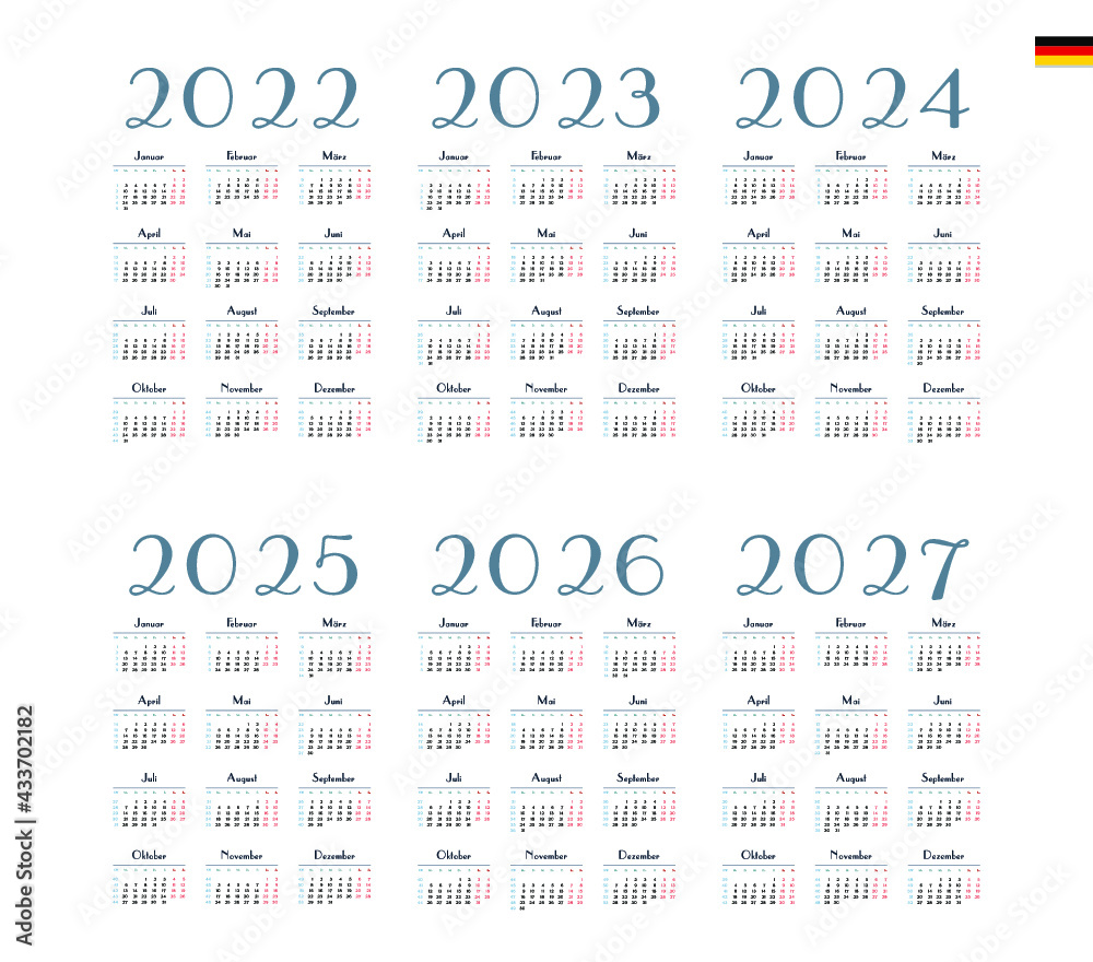 German Calendar for 2022, 2023, 2024, 2025, 2026, 2027. Week starts on ...