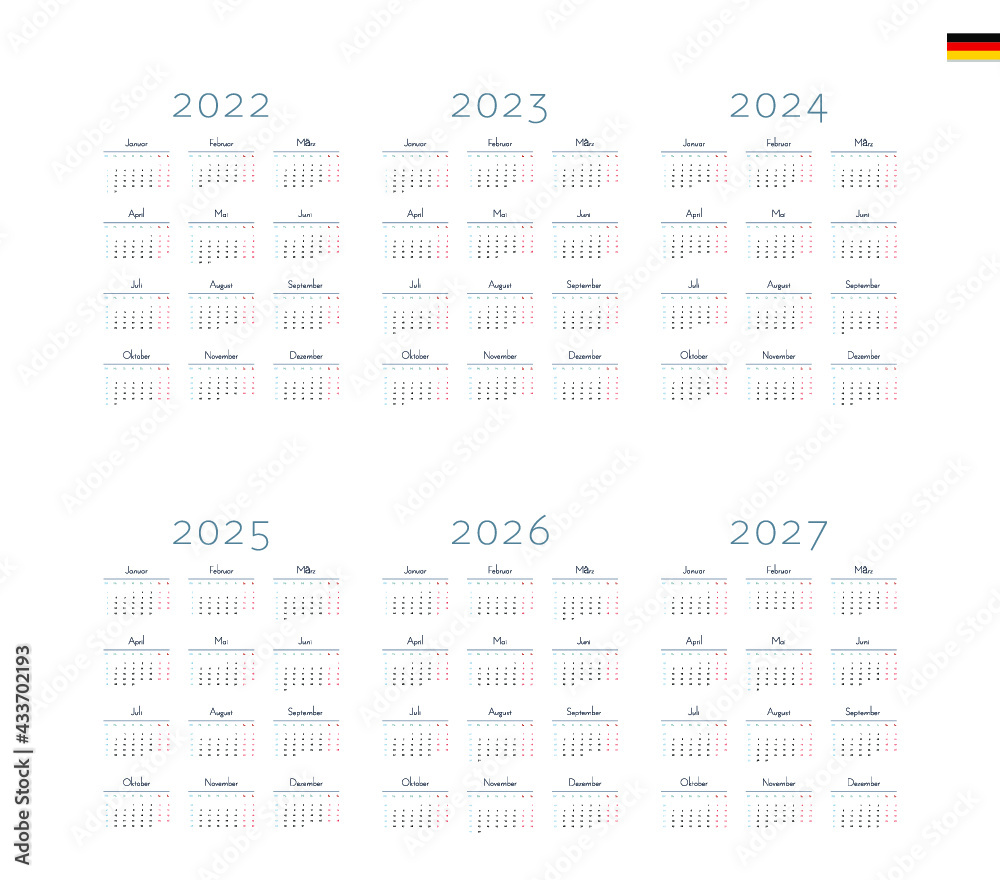 german-calendar-for-2022-2023-2024-2025-2026-2027-week-starts-on-monday-stock-vektorgrafik