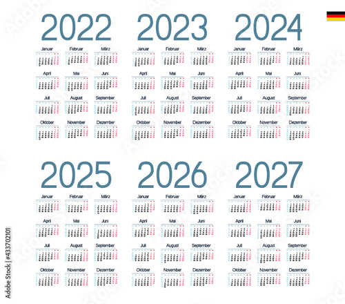 German Calendar for 2022, 2023, 2024, 2025, 2026, 2027. Week starts on Monday