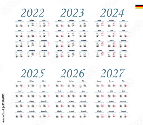 German Calendar for 2022, 2023, 2024, 2025, 2026, 2027. Week starts on Monday