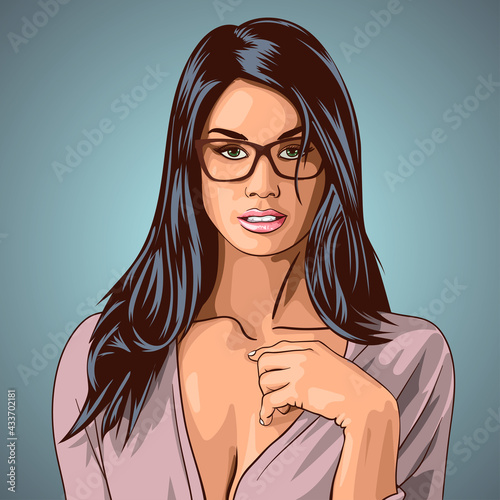 Portrait of a beautiful brunette in glasses close-up. Vector illustration