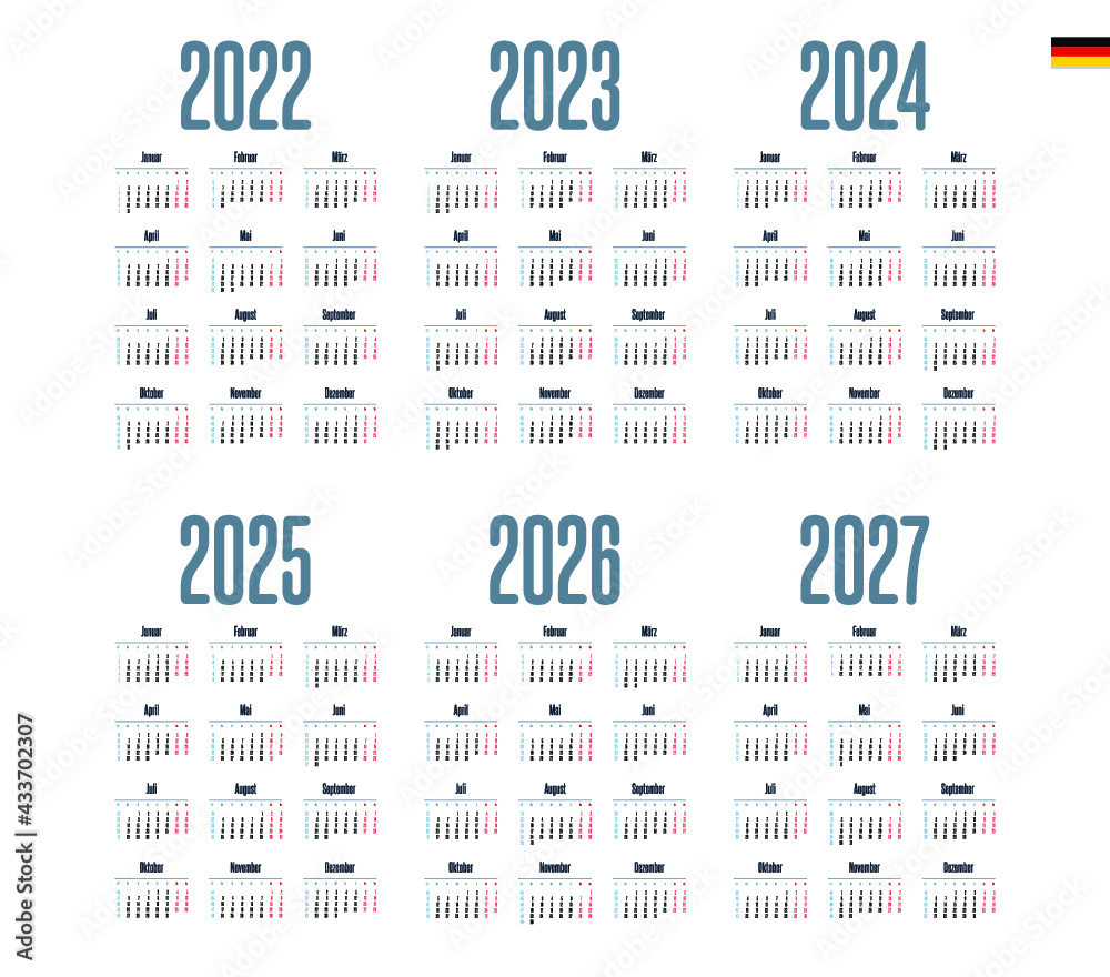German Calendar for 2022, 2023, 2024, 2025, 2026, 2027. Week starts on