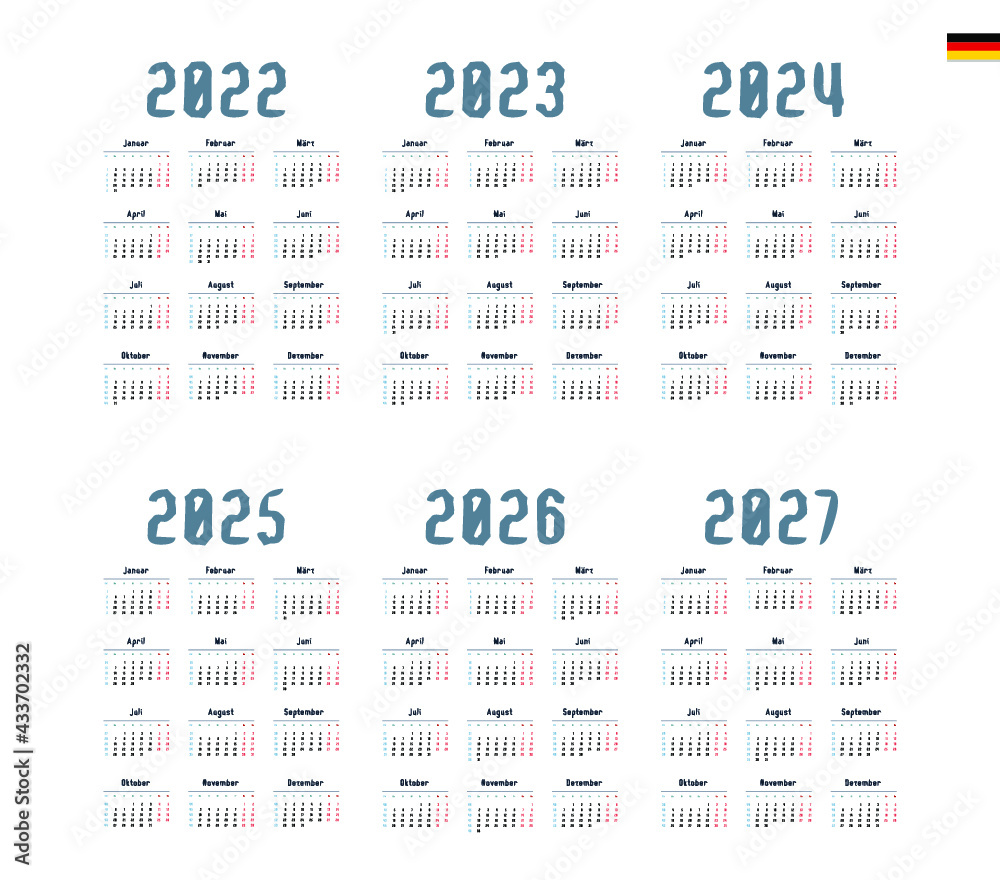 German Calendar for 2022, 2023, 2024, 2025, 2026, 2027. Week starts on