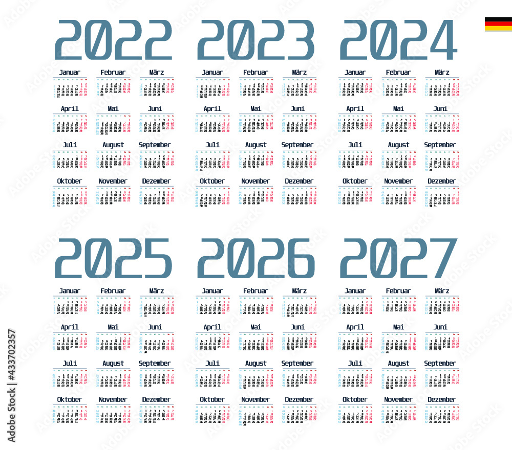 German Calendar for 2022, 2023, 2024, 2025, 2026, 2027. Week starts on