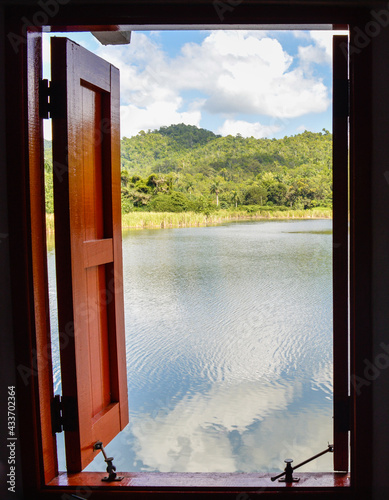 Landscape view through a rustic window at las Terrazas, Artemisa, Cuba