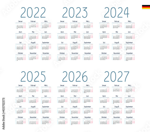 German Calendar for 2022, 2023, 2024, 2025, 2026, 2027. Week starts on Monday