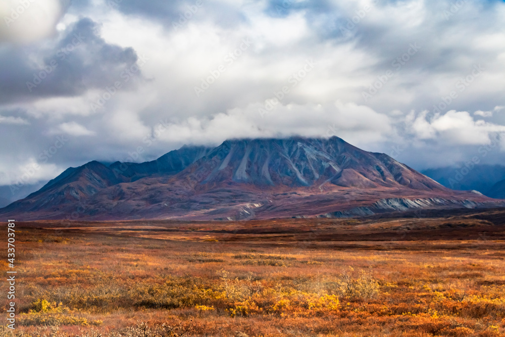 dramatic landscape of  mountain peaks and mountain ranges inside Denali National Park  during autumn season.