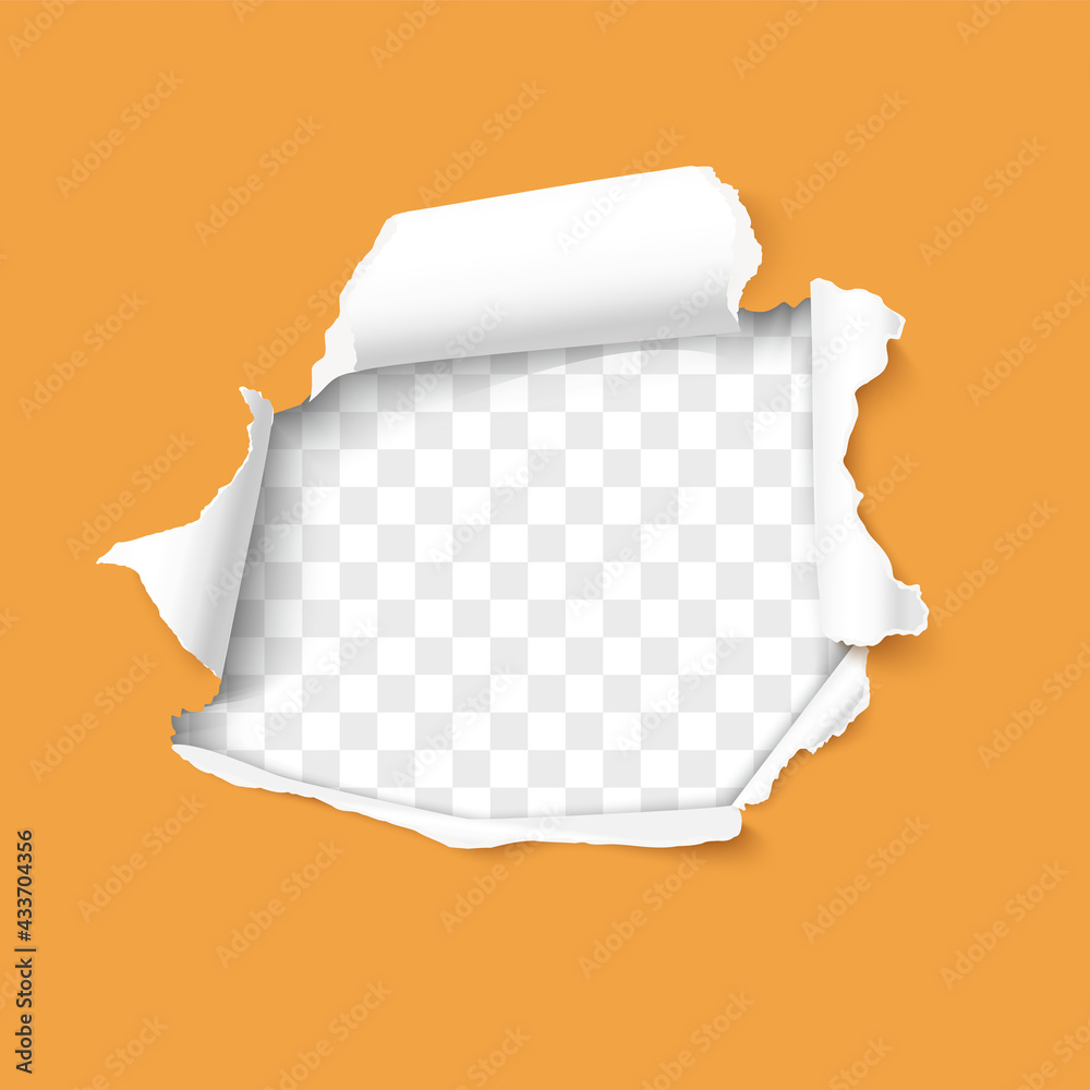 Torn hole and ripped of orange paper sheet isolated on a transparent background. Realistic vector paper texture effect