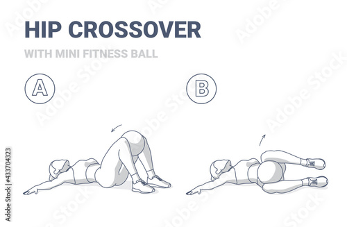 Girl Doing Hip Roll Exercise with Fitness Mini Ball Guidance Illustration. Lower Body Russian Twist.