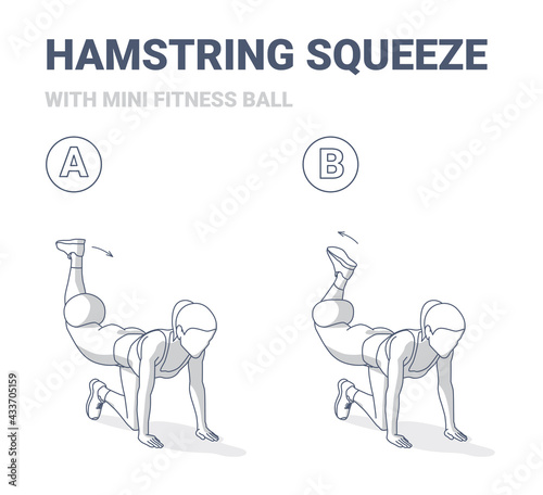 Girl Doing Hamstring Squeeze with Fitness Mini Ball Home Workout Exercise Guidance Illustration.