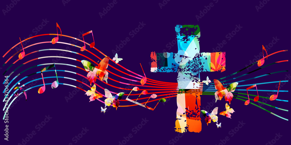 Colorful Christian cross with musical notes vector illustration. Religion themed background. Design for gospel church music, choir singing, concert, festival, Christianity, prayer