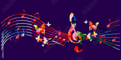 Colorful musical promotional poster with musical notes vector illustration. Artistic background with G-clef for live concert events, music festivals and shows, party flyer template
