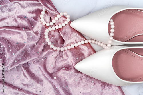 Wallpaper Mural Women's White Pumps shoes, white beads, lace, velor fabric, sequins, pink, beige drapery Torontodigital.ca