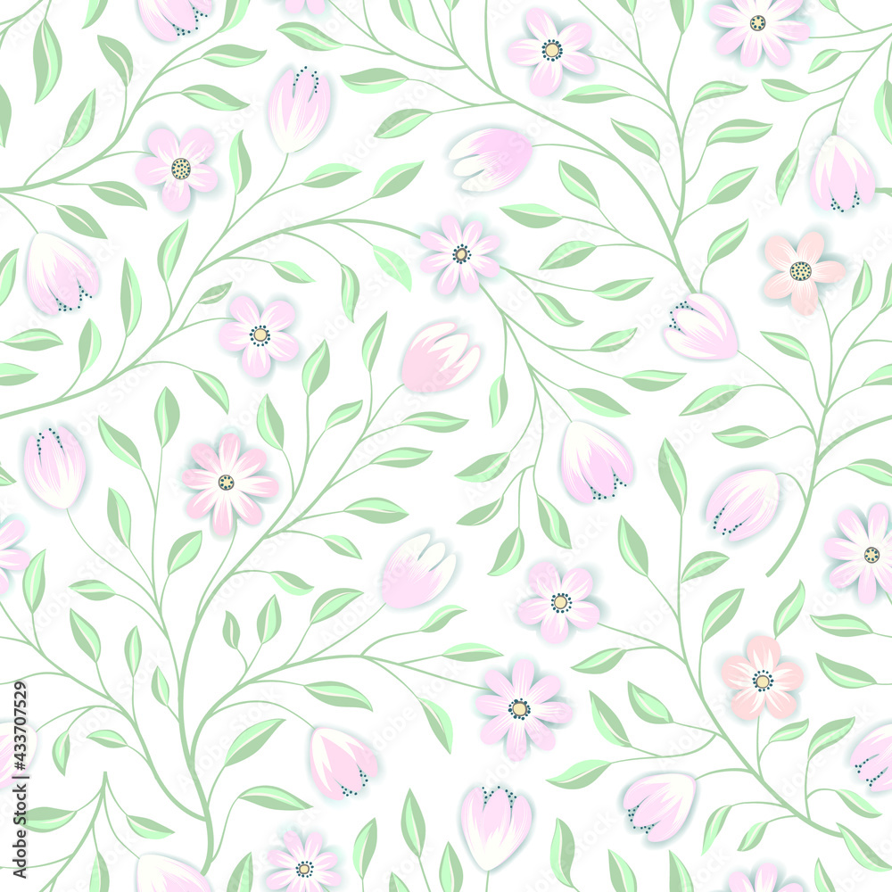Floral seamless pattern. Flower background. Floral seamless texture with flowers. Flourish tiled decorative drawn ornamental wallpaper.