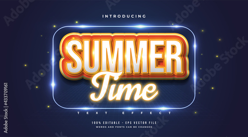 Summer Time Text with Cartoon Style and Orange Neon Effect. Editable Text Effect