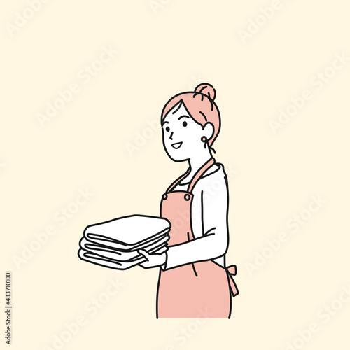 洗濯物を畳む　取り込む　主婦　女性　イラスト素材