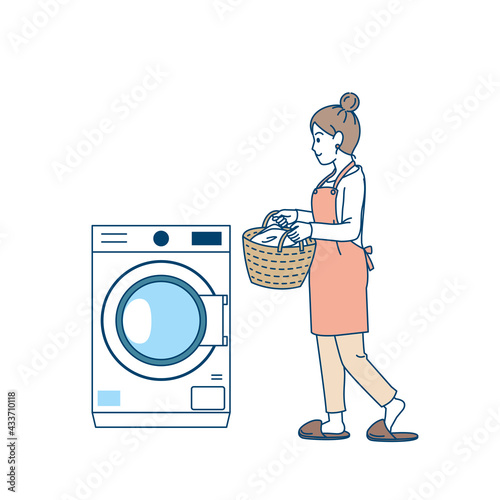 洗濯機を回す　洗濯物　主婦　女性　家事　ドラム式洗濯機　イラスト素材