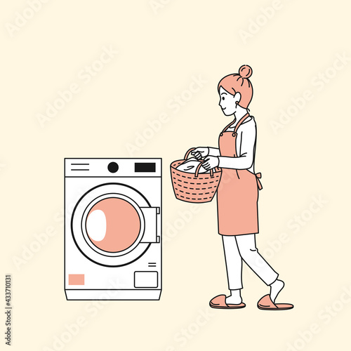 洗濯機を回す　洗濯物　主婦　女性　家事　ドラム式洗濯機　イラスト素材