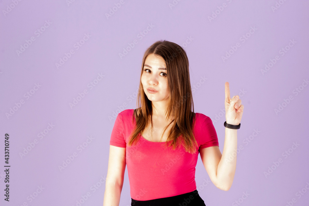 portrait of young woman with finger in pink girl young happy beautiful portrait of young woman with finger in pink girl young happy beautiful