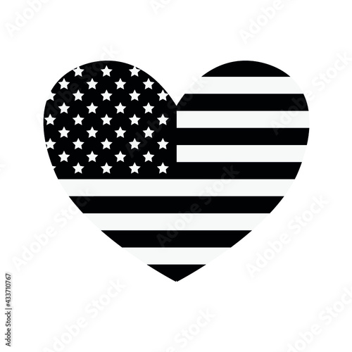 Vector black flat American USA flag heart isolated on white background