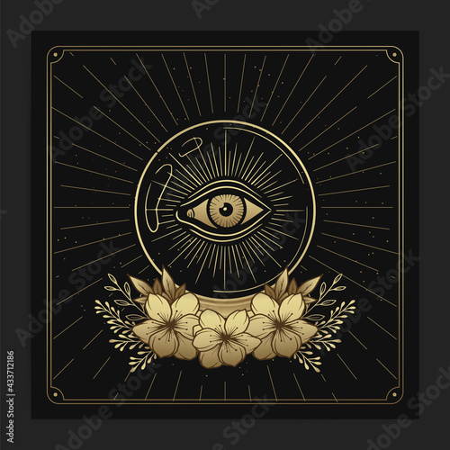 Crystal ball with the third eye in it. with engraving, hand drawn, luxury, celestial, esoteric, boho style, fit for spiritualist, religious, paranormal, tarot reader, astrologer or tattoo vector