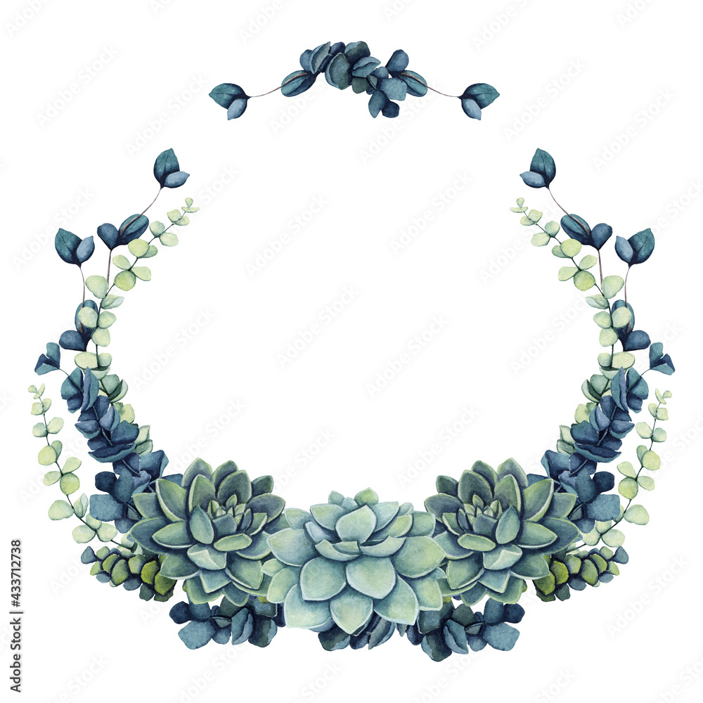 Fototapeta premium Herbal Wreath with Watercolor Succulents