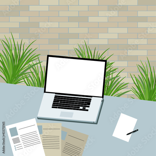 Vector of laptop on table and plants to pleasant office. Computer with white screen