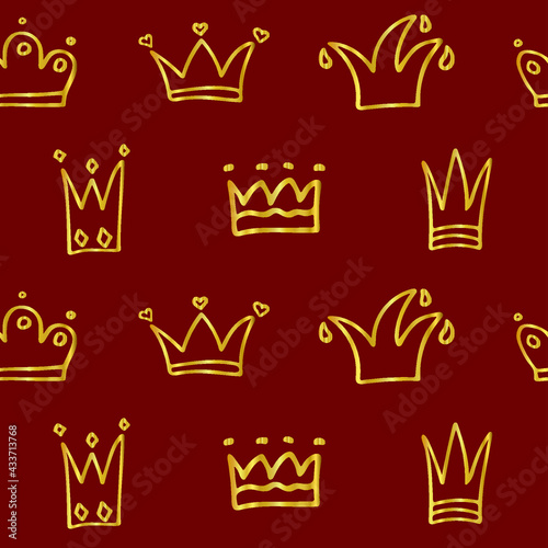 Seamless pattern of hand drawn golden shining crowns. Grunge doodle style diadem silhouettes painted with ink and brush. Logo and icon gold collection on deep red background. Vector illustration