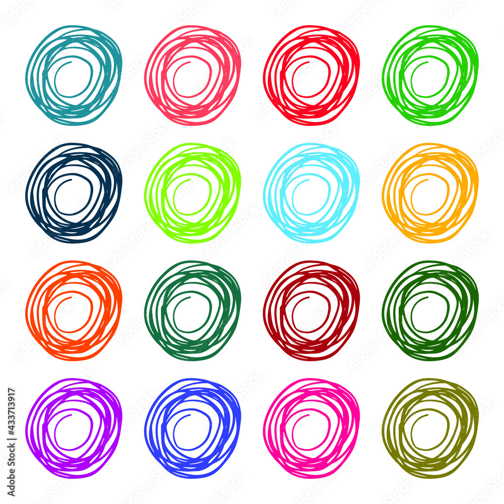 Grunge texture set of 16 spirals circles nests different colors. Hand drawn ink brush bright multicolored stains design elements background.Wallpaper wrapping textile fabric cover. Vector illustration Grunge texture set of 16 spirals circles nests different colors. Hand drawn ink brush bright multicolored stains design elements background.Wallpaper wrapping textile fabric cover. Vector illustration
