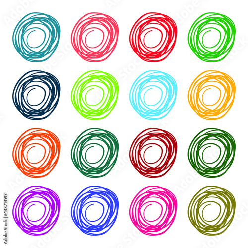 Grunge texture set of 16 spirals circles nests different colors. Hand drawn ink brush bright multicolored stains design elements background.Wallpaper wrapping textile fabric cover. Vector illustration
